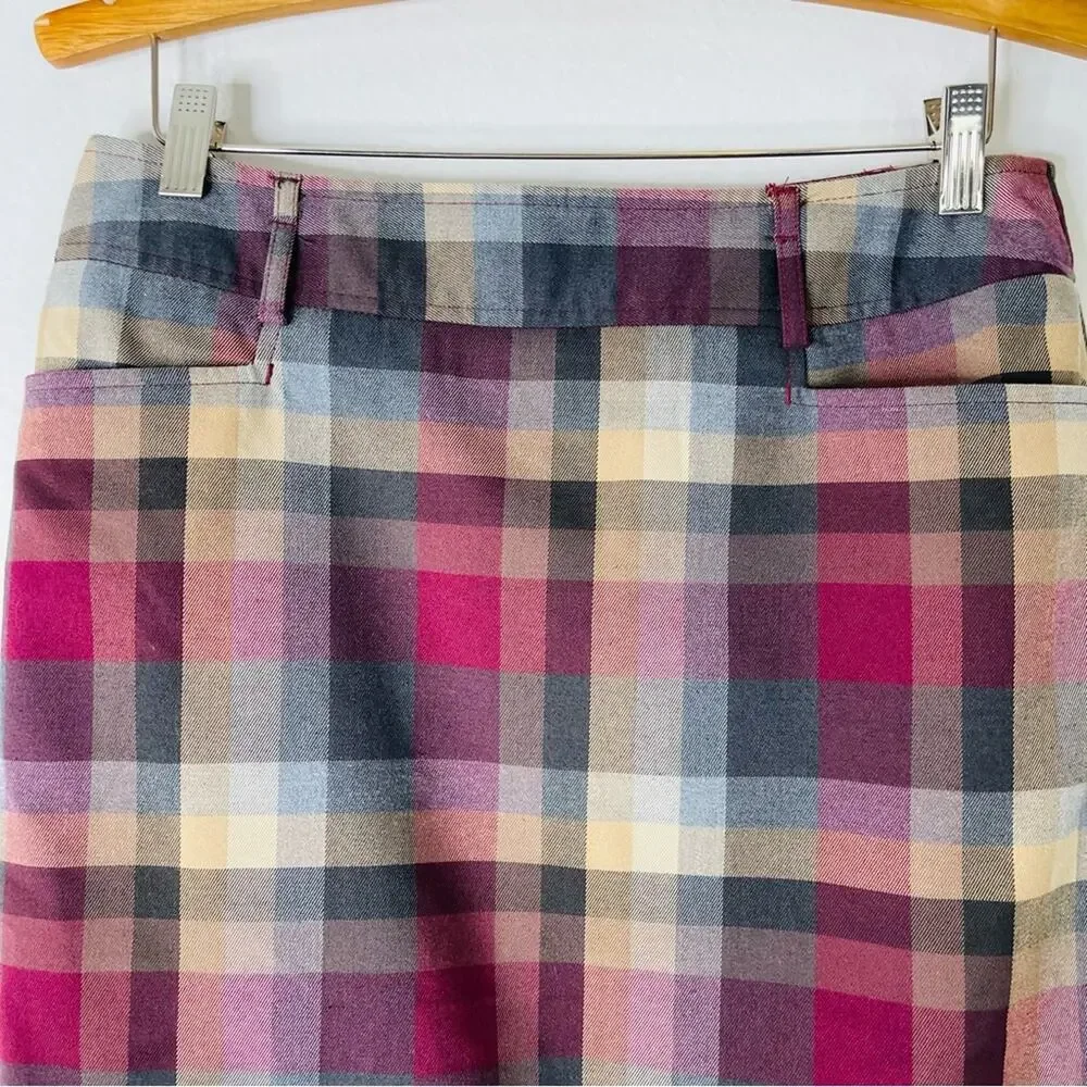 Vintage blue pink tan plaid preppy academia office midi skirt 10